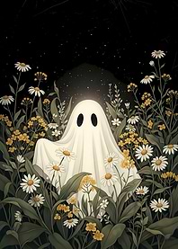 Halloween Ghost in a field of flowers