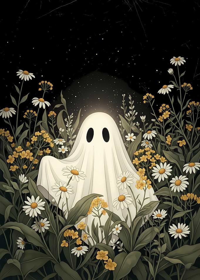 Halloween Ghost in a field of flowers