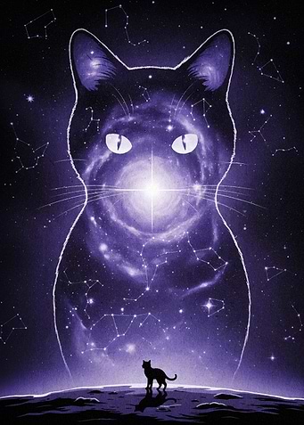Cosmic Cat Silhouette with Constellations