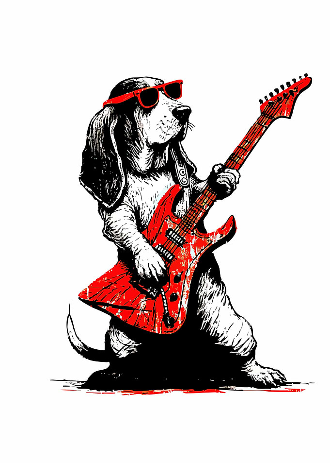 Dog playing electric guitar with sunglasses