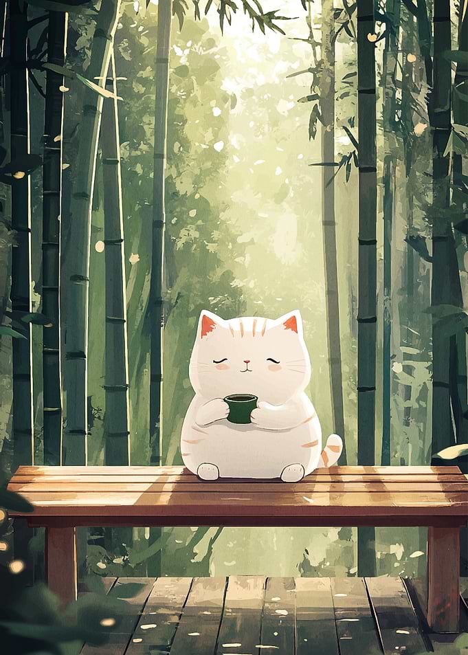 Cat with Tea in Bamboo Forest