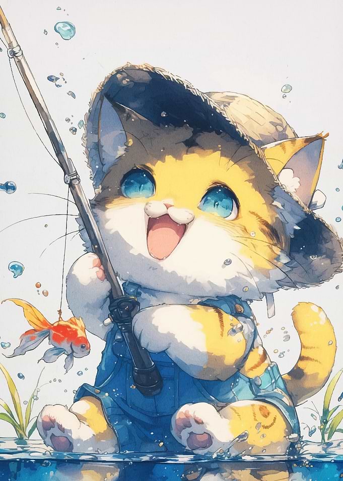 Cartoon Cat Fishing Goldfish Bait