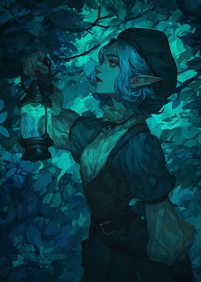 Elf with Lantern in Forest