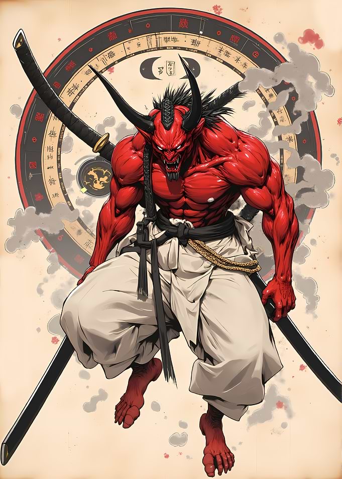 Red Oni Warrior with Swords