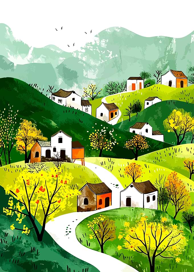 Watercolor Village Landscape with Winding Path