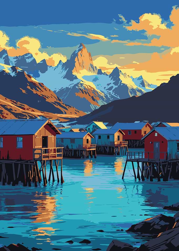 Coastal Village with Mountain Backdrop