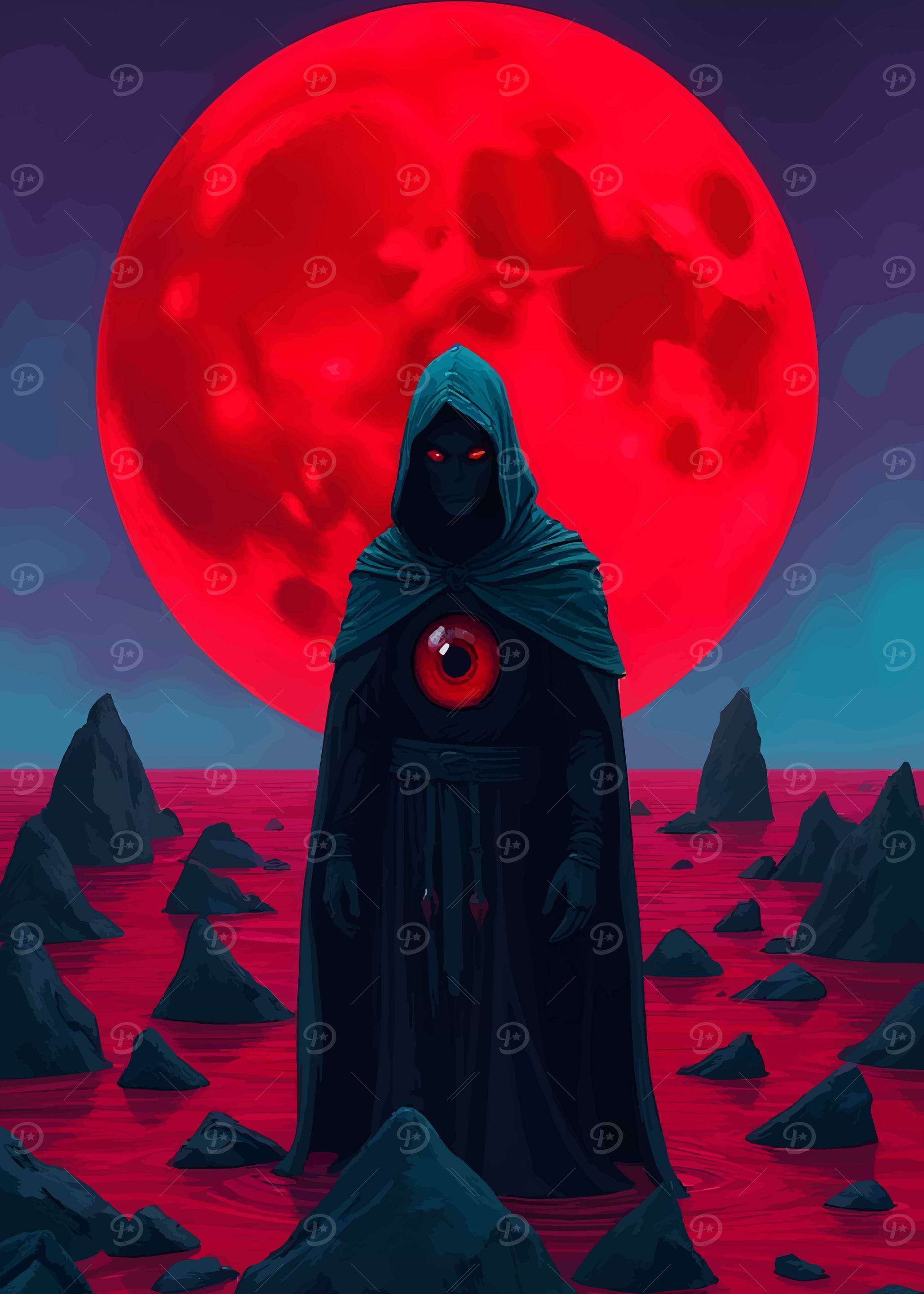Hooded Figure with Red Moon