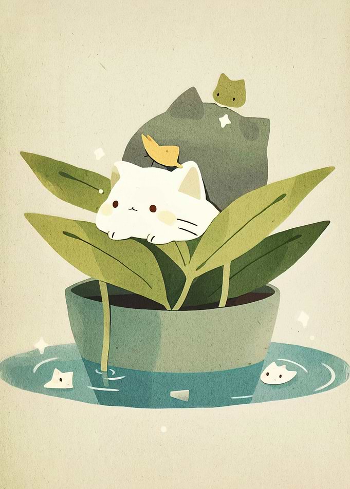 Cute Cat in Plant Pot Illustration