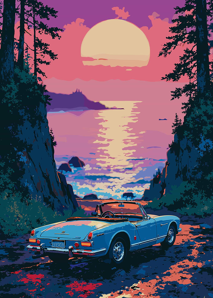 Blue Convertible by the Coast at Sunset