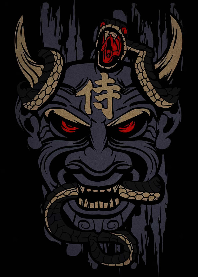 Samurai Mask with Snakes Illustration