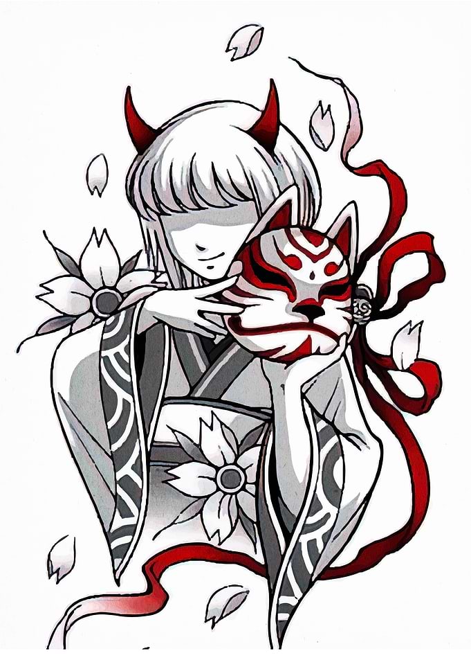 Anime Girl with Fox Mask and Horns