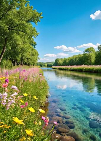 Scenic River with Flowers and Trees