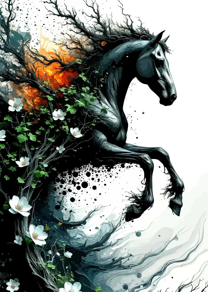 Abstract Horse with Floral and Tree Elements