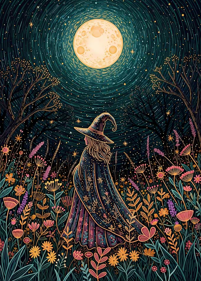 Halloween Witch in Floral Meadow