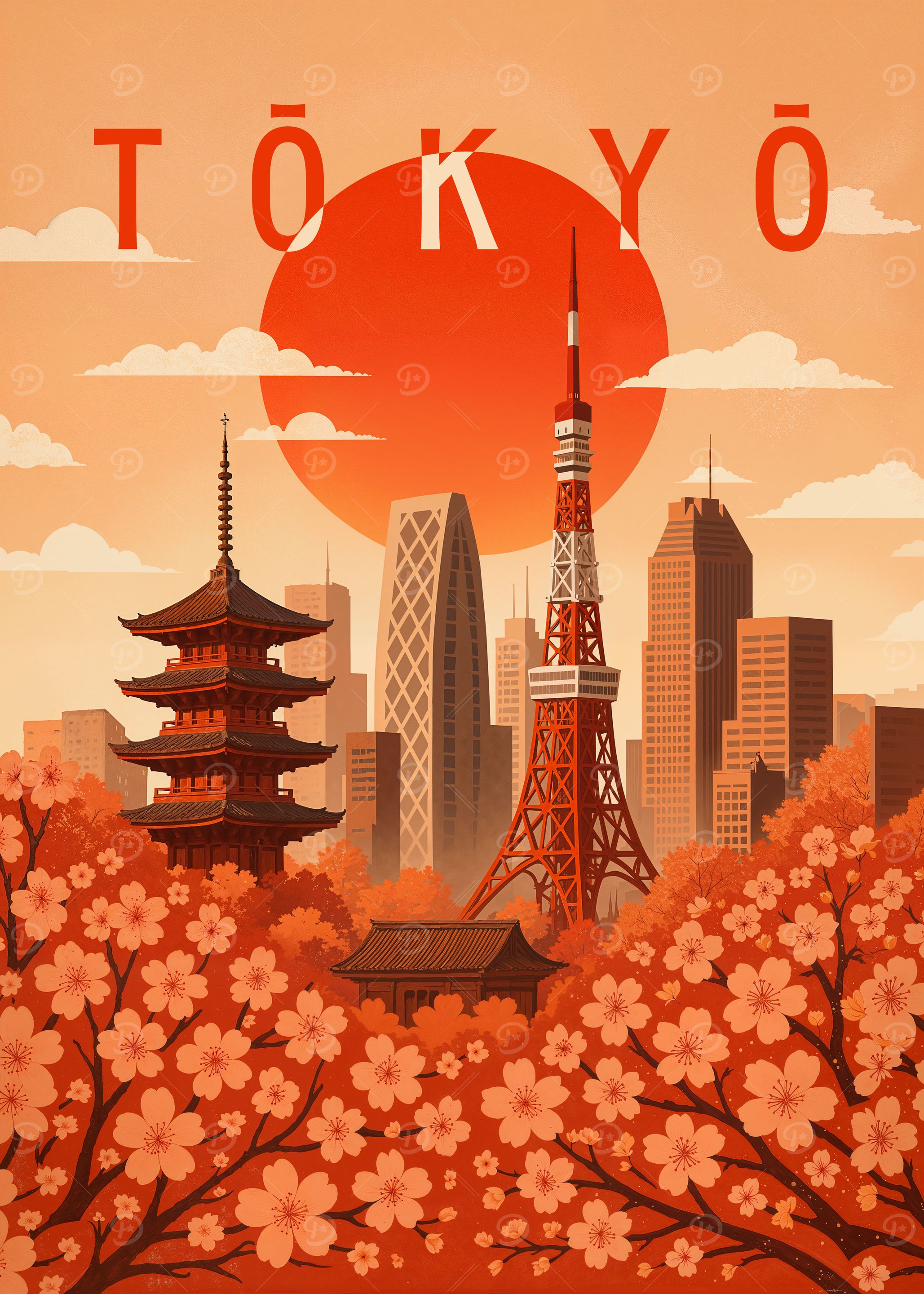 Tokyo Travel Poster Japan – Cherry Blossoms & Neon Skyline