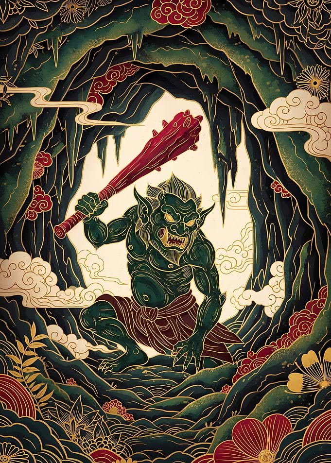 Japanese Oni with Club in Cave