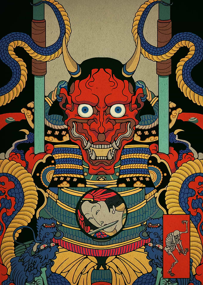 Japanese Oni Mask and Samurai Armor