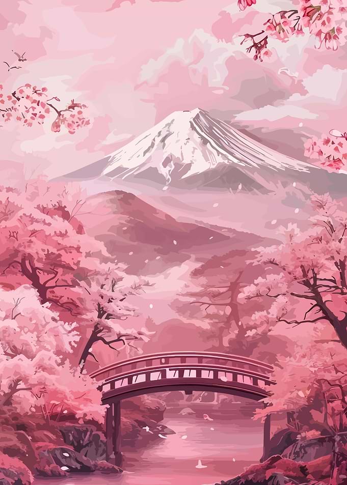 Pink Cherry Blossom Landscape with Bridge