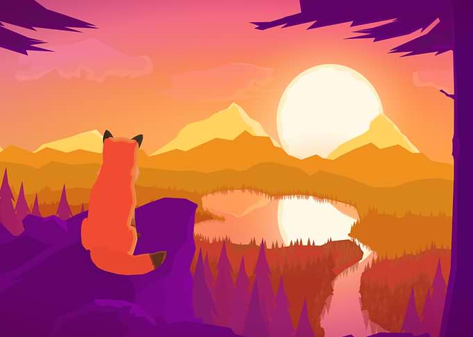 Fox watching sunset landscape illustration