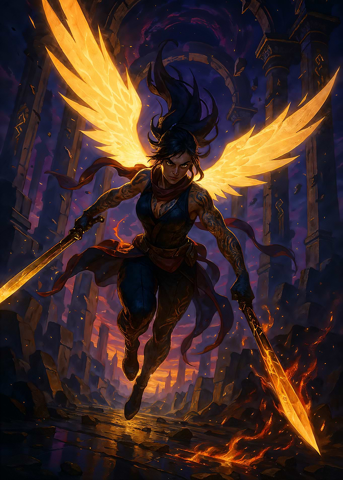 Winged Warrior with Flaming Swords