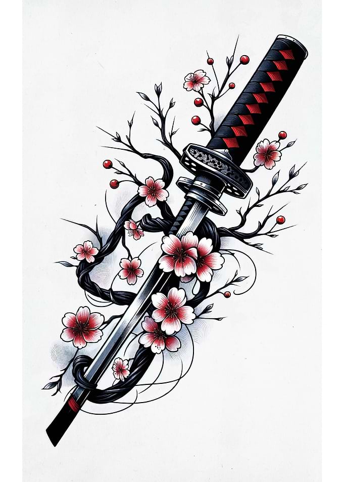 Katana and Cherry Blossoms Illustration