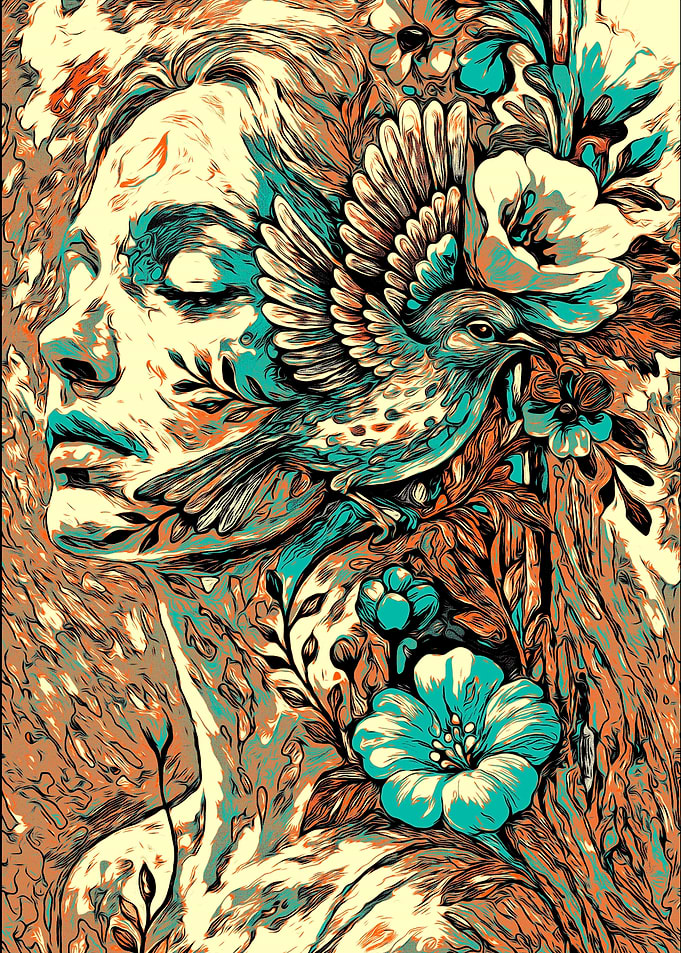 Floral Woman with Bird Digital Art