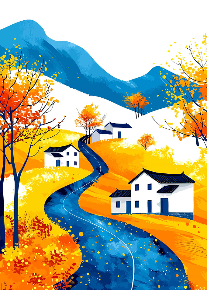 Autumn Village Landscape Illustration