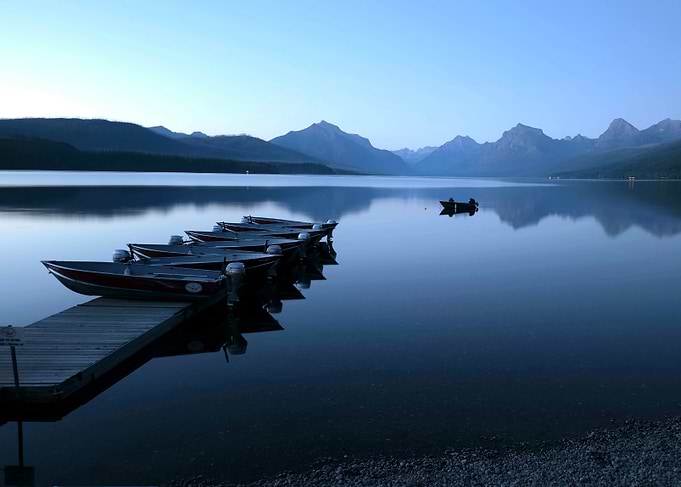 Boats Docked at Night Mountain Lake Glacier National Park