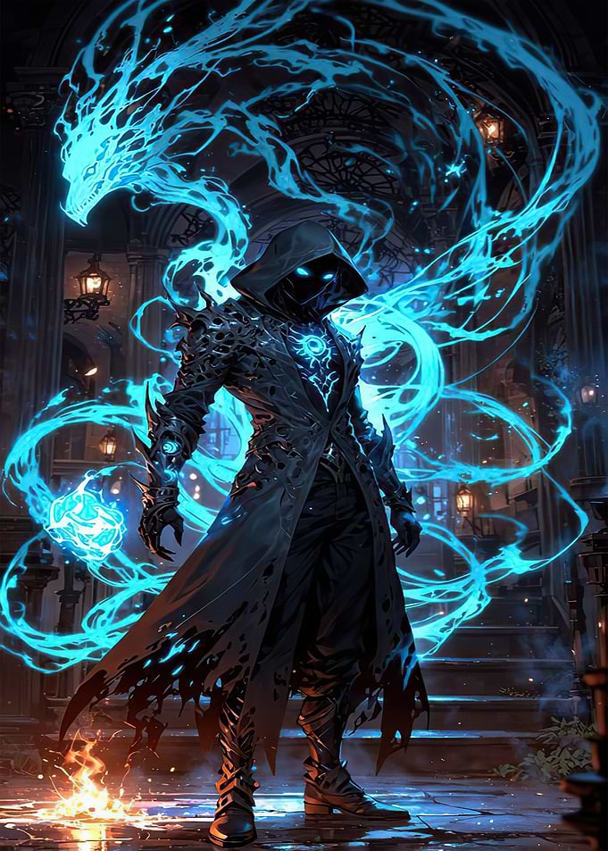 Mystic Hooded Figure with Blue Energy
