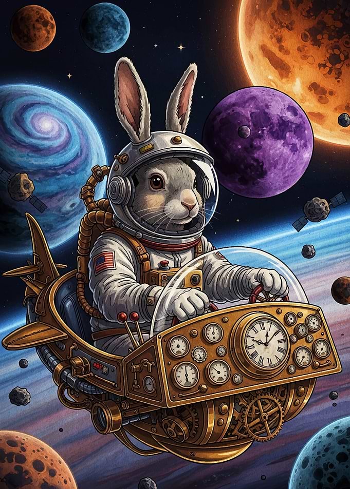 Rabbit Astronaut in Space Steampunk Vehicle