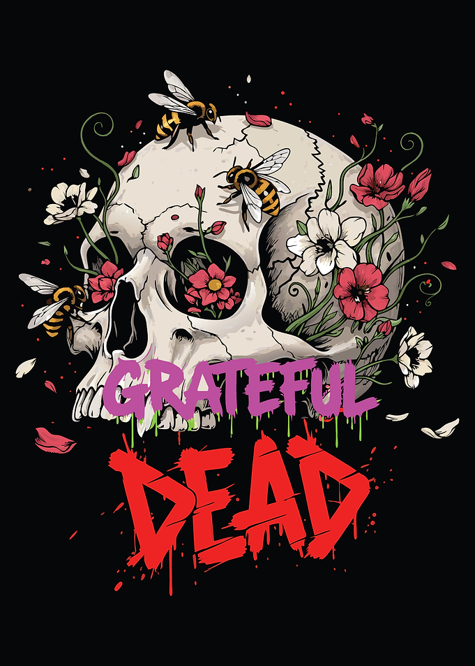 Grateful Dead Skull with Bees and Flowers