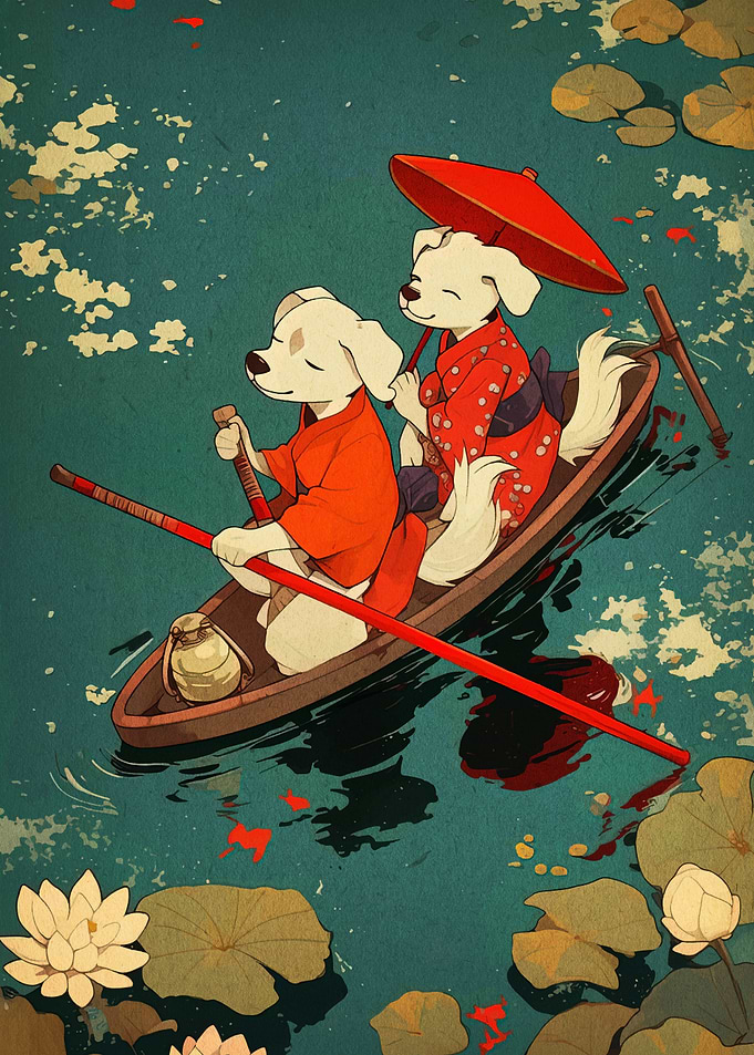 Dogs in Boat with Japanese Style