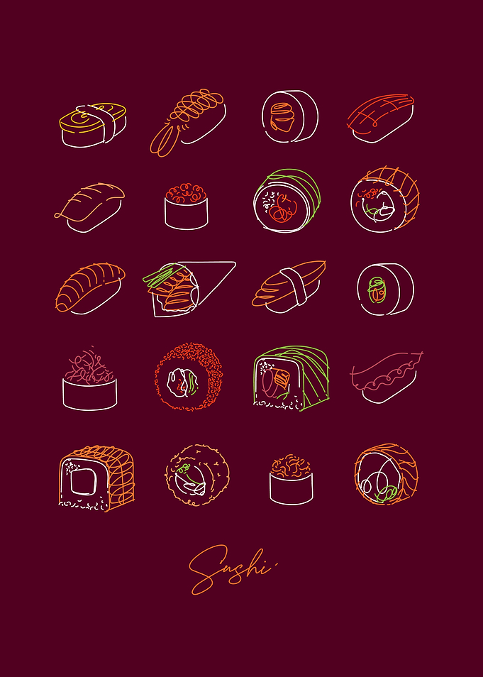 Sushi Line Art on Burgundy Background