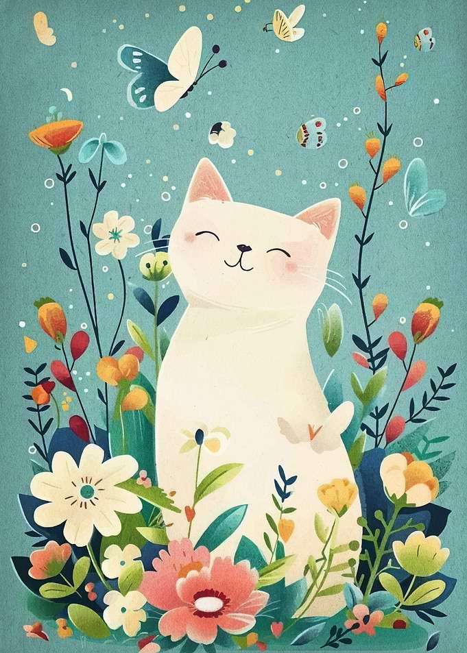 Smiling Cat Surrounded by Flowers and Butterflies