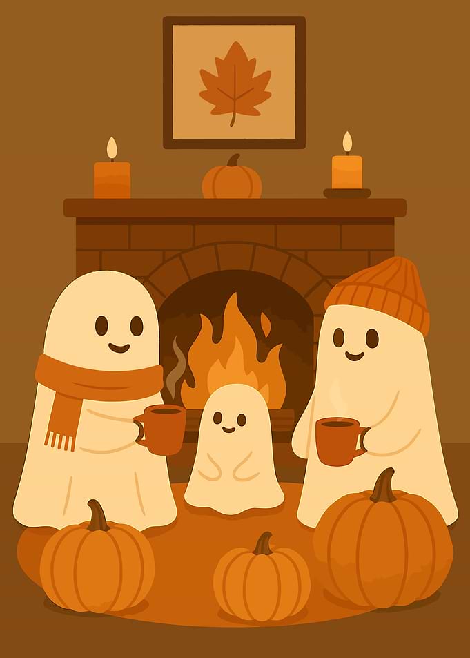 Cozy Ghost Family by the Fireplace – Cute Autumn Halloween Art Print