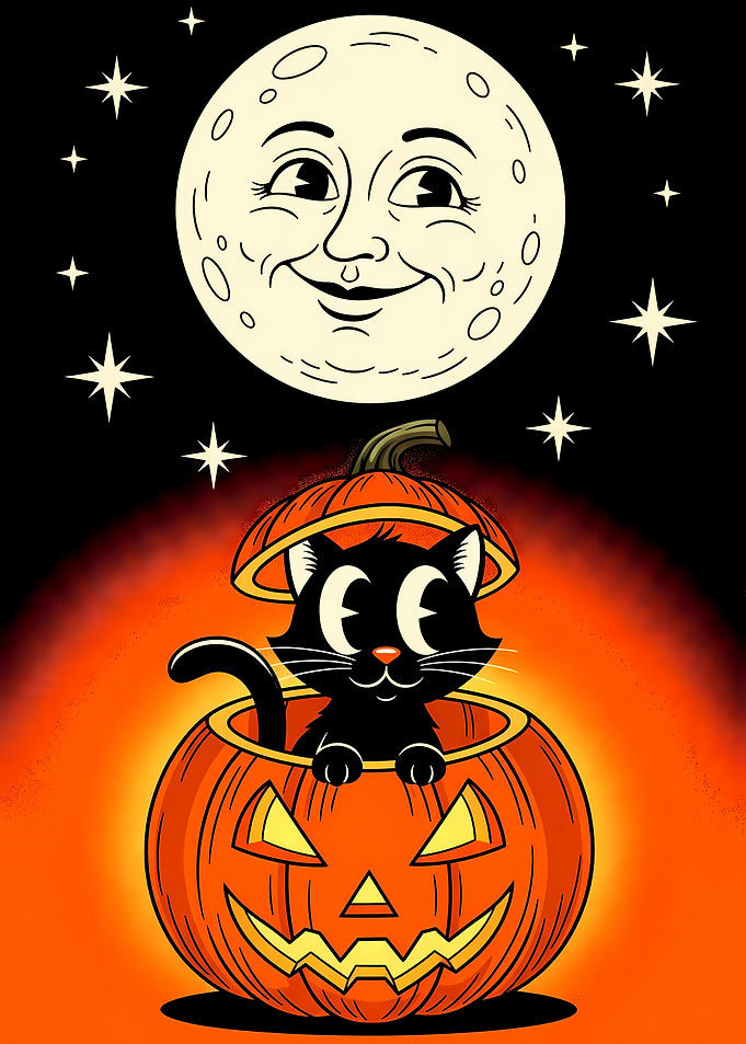 Cute Halloween Cat in Pumpkin with Moon