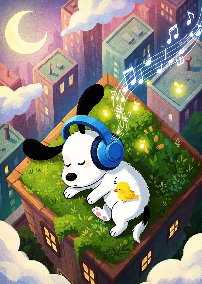 Sleeping Dog with Headphones in City