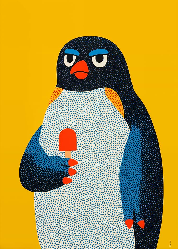 Penguin with Popsicle on Yellow Background