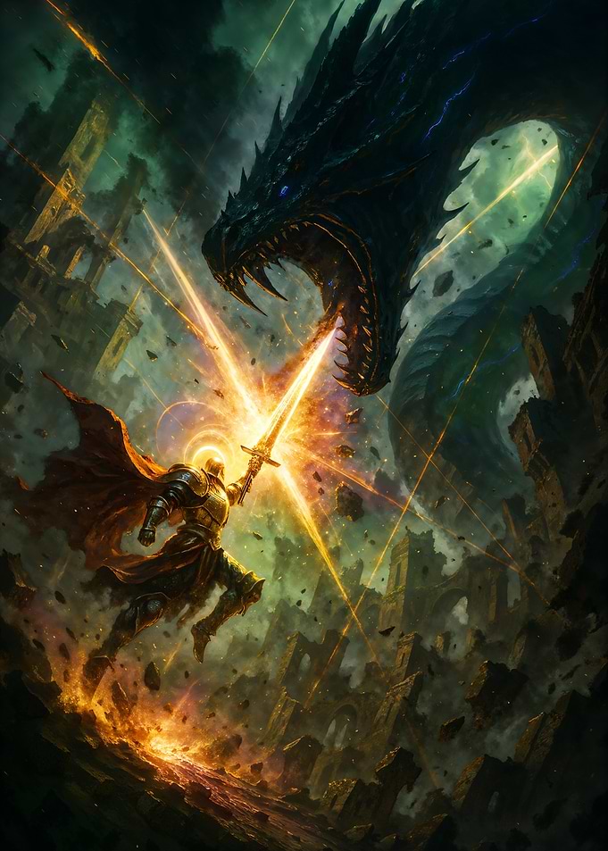 Knight versus Dragon Fantasy Art