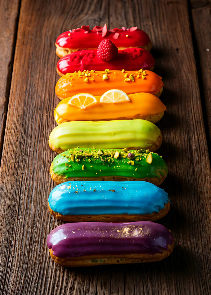 Colorful Eclairs on Wooden Surface