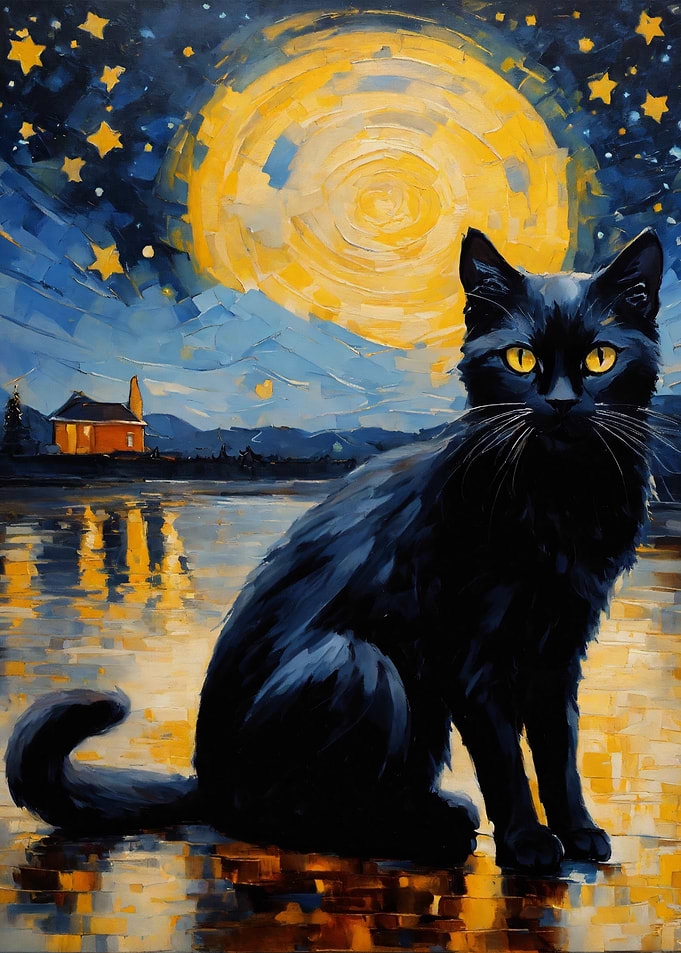 Black Cat Under Starry Night Painting