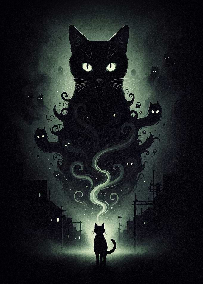 Mystical Black Cat in Cityscape