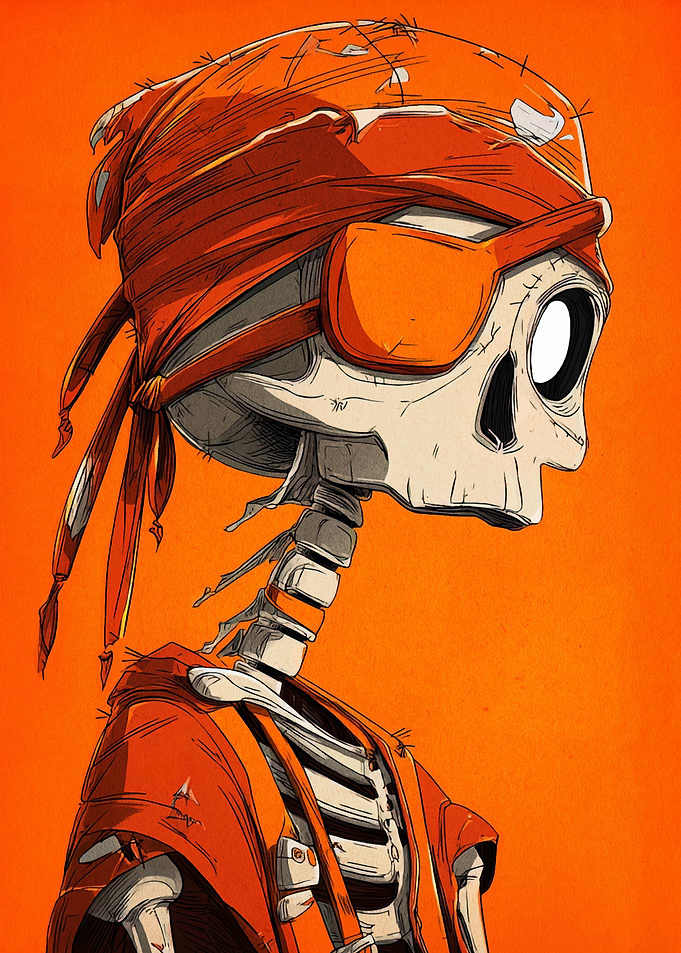 Cartoon Skeleton Pirate with Orange Bandana