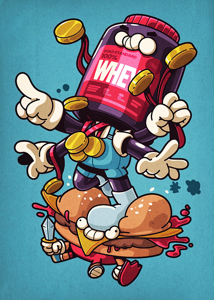 Whey Protein vs Burger Cartoon