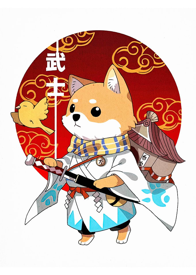 Shiba Inu Samurai with Bird Companion
