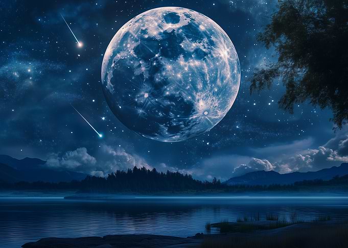 Blue Moon over Lake with Shooting Stars