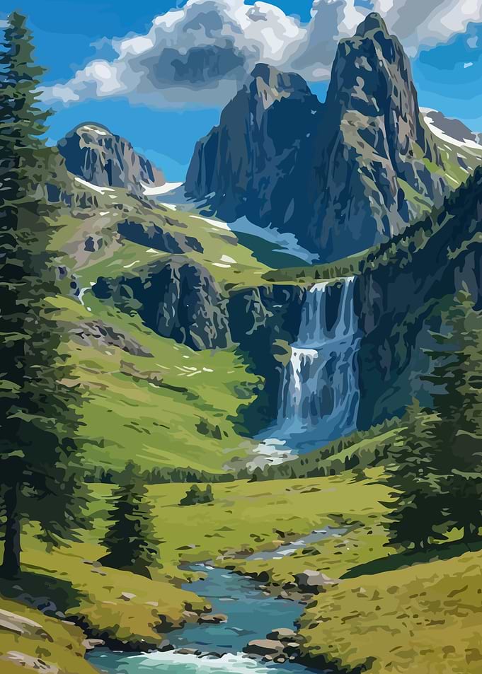 Mountain Landscape with Waterfall and Stream