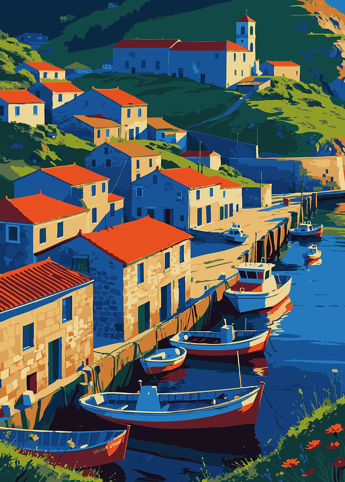 Coastal Village with Boats and Red Roofs