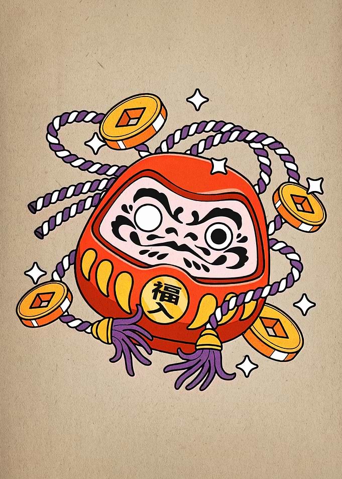 Daruma Doll with Coins and Rope