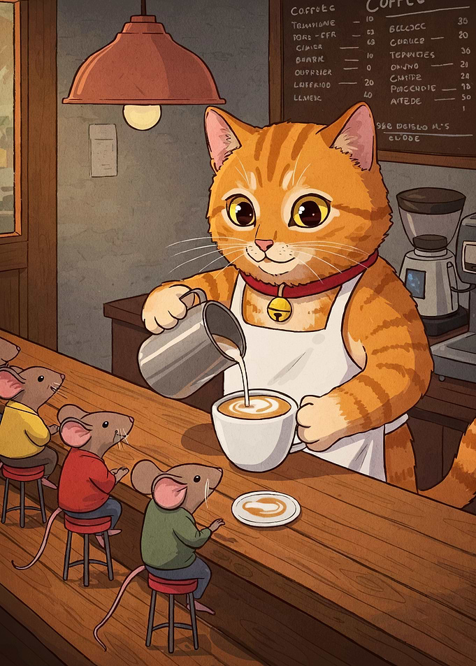 Cat Barista Serving Mice Coffee
